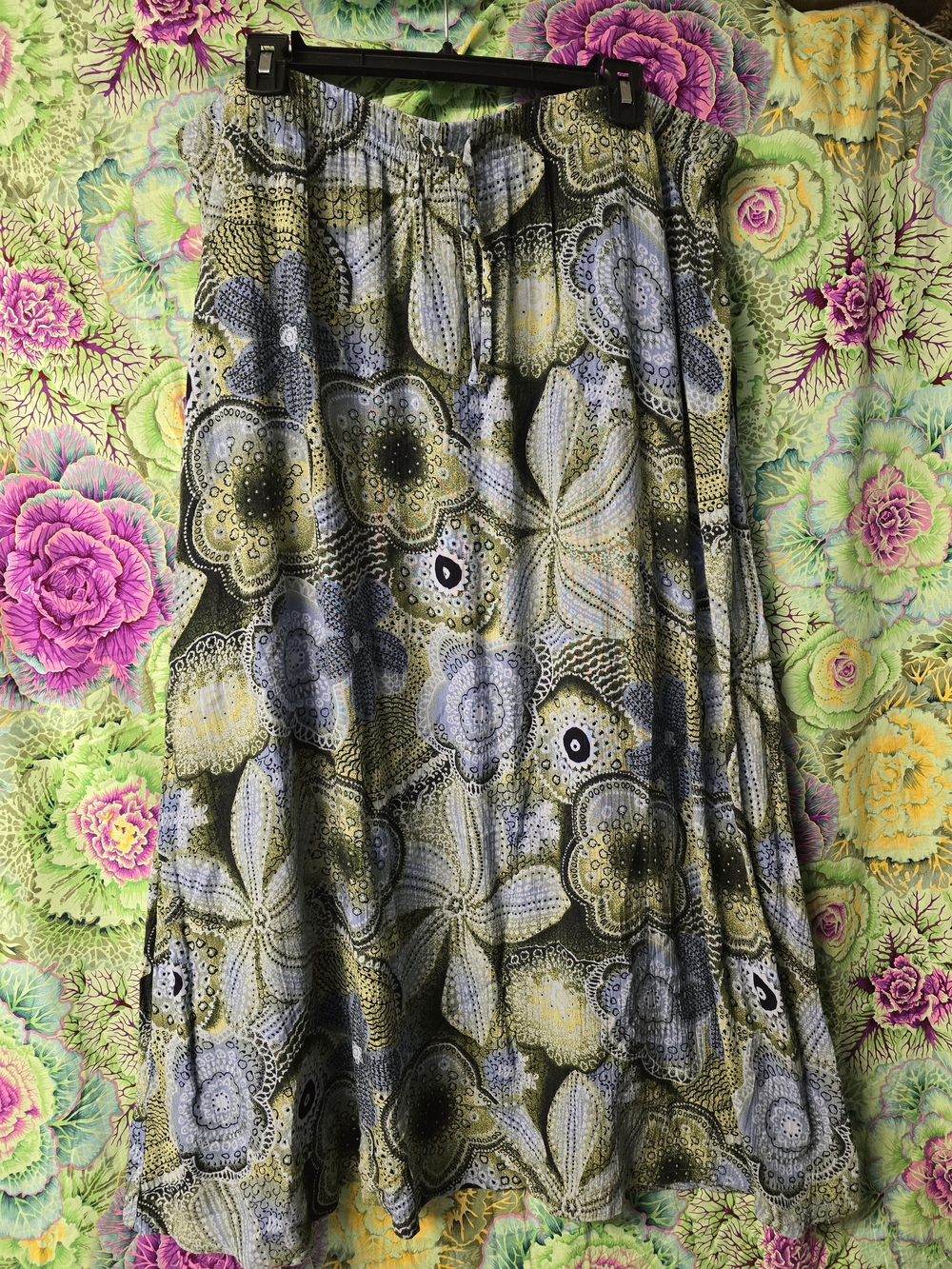 Vintage Islander Green Brown Blue Floral Maxi Skirt Drawstring Stretch No Liner